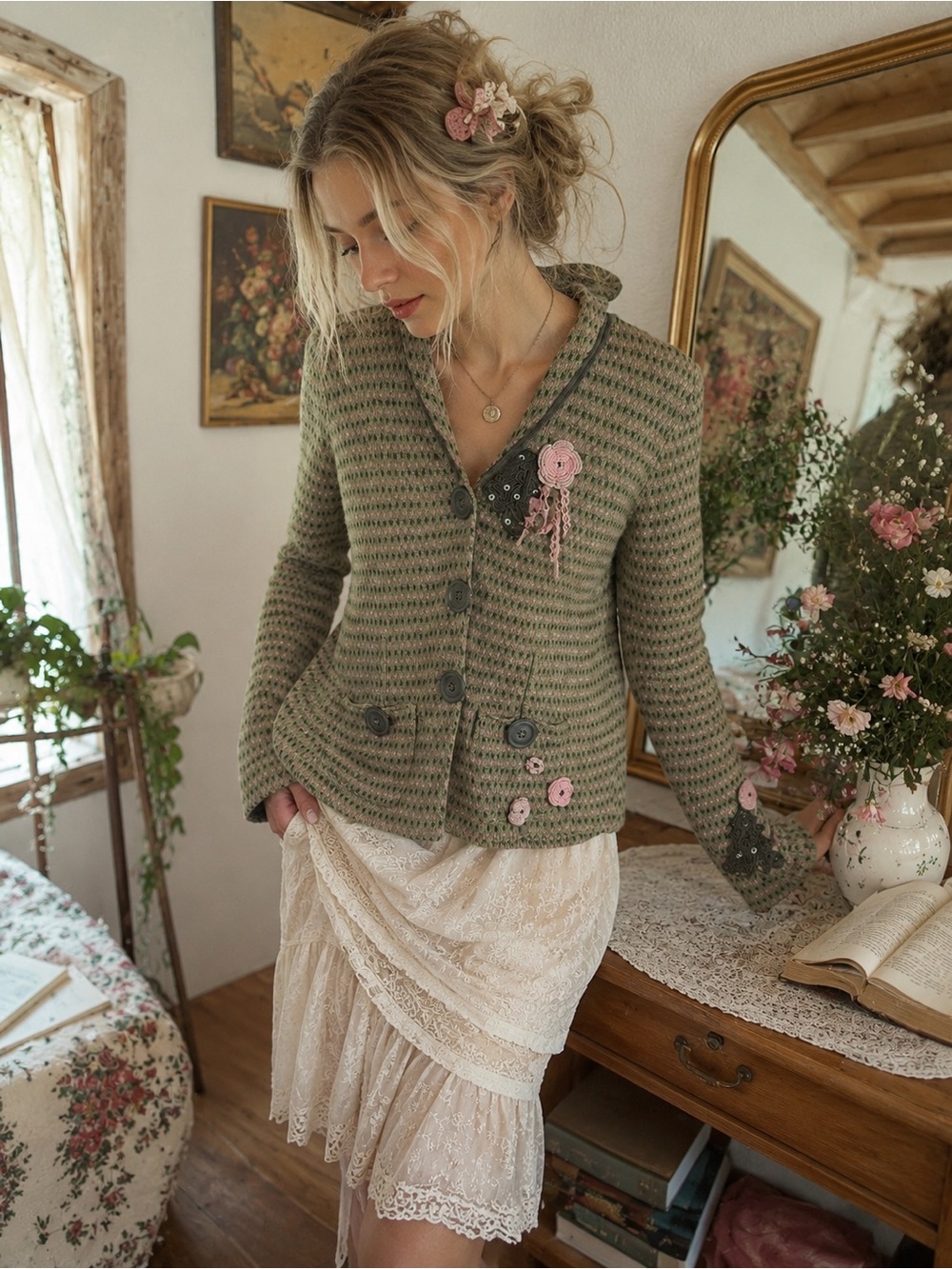 Sigrid Olsen Vintage Green Pink Wool & Silk Crochet Knit Blazer Cardigan PM